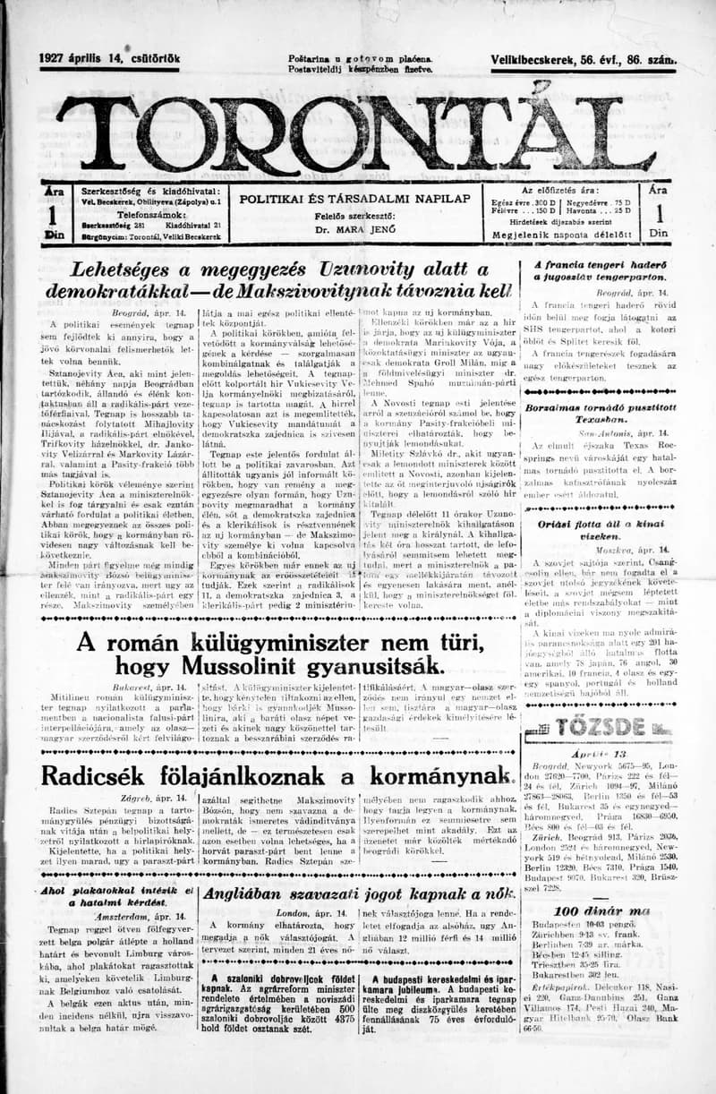 Torontál, 56. évf. 1927. április 14. 86. sz.