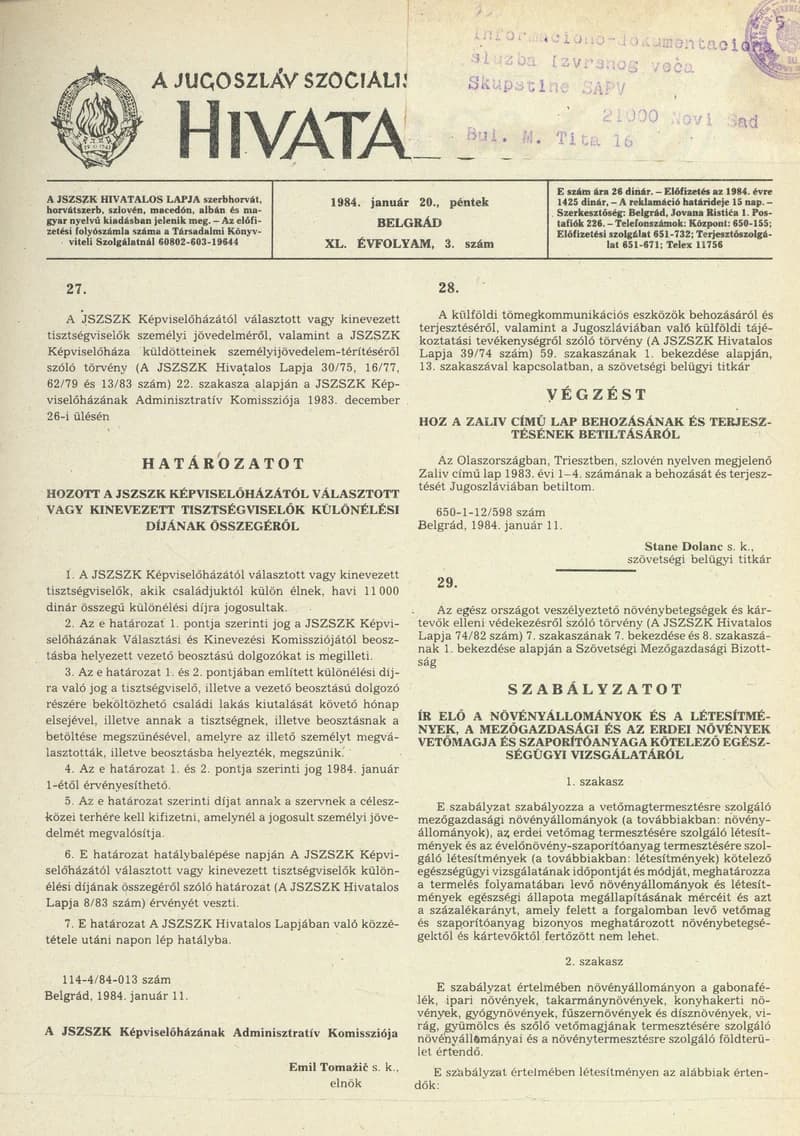 A Jugoszláv Szocialista Szövetségi Köztársaság Hivatalos Lapja, 40. évf. 1984. január 20. 3. sz. 97–128. oldal