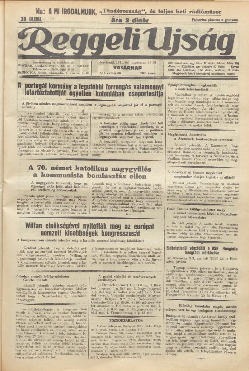 Reggeli Újság, 12. évf. 1931. augusztus 30. 202. sz.