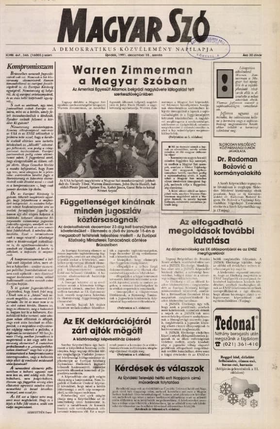 Magyar Szó, 48. évf. 1991. december 18. 346. sz. 1–16. oldal