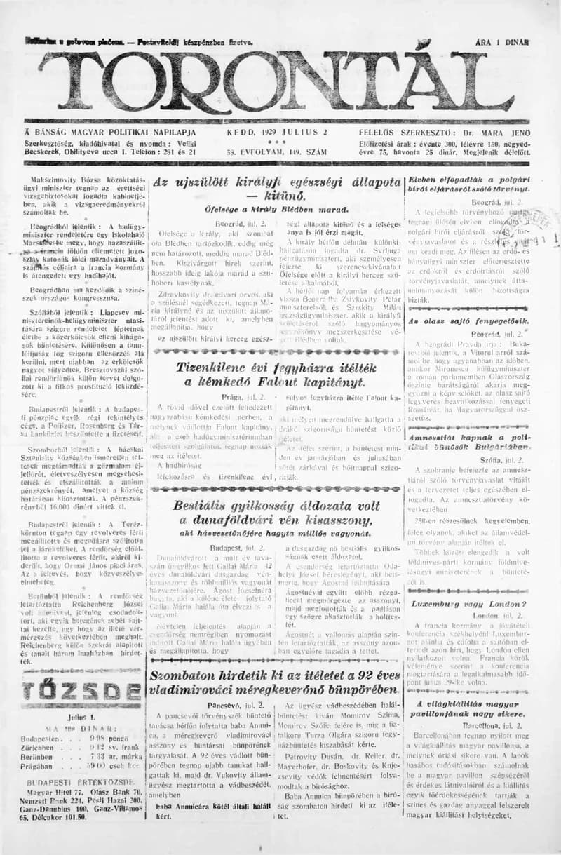 Torontál, 58. évf. 1929. július 2. 149. sz.