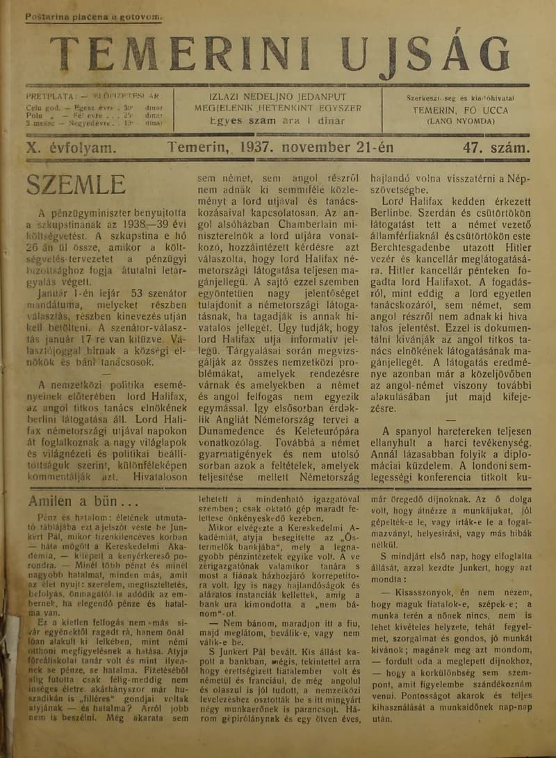 Temerini Újság 1928-1944, 10. évf. 1937. november 21. 47. sz.