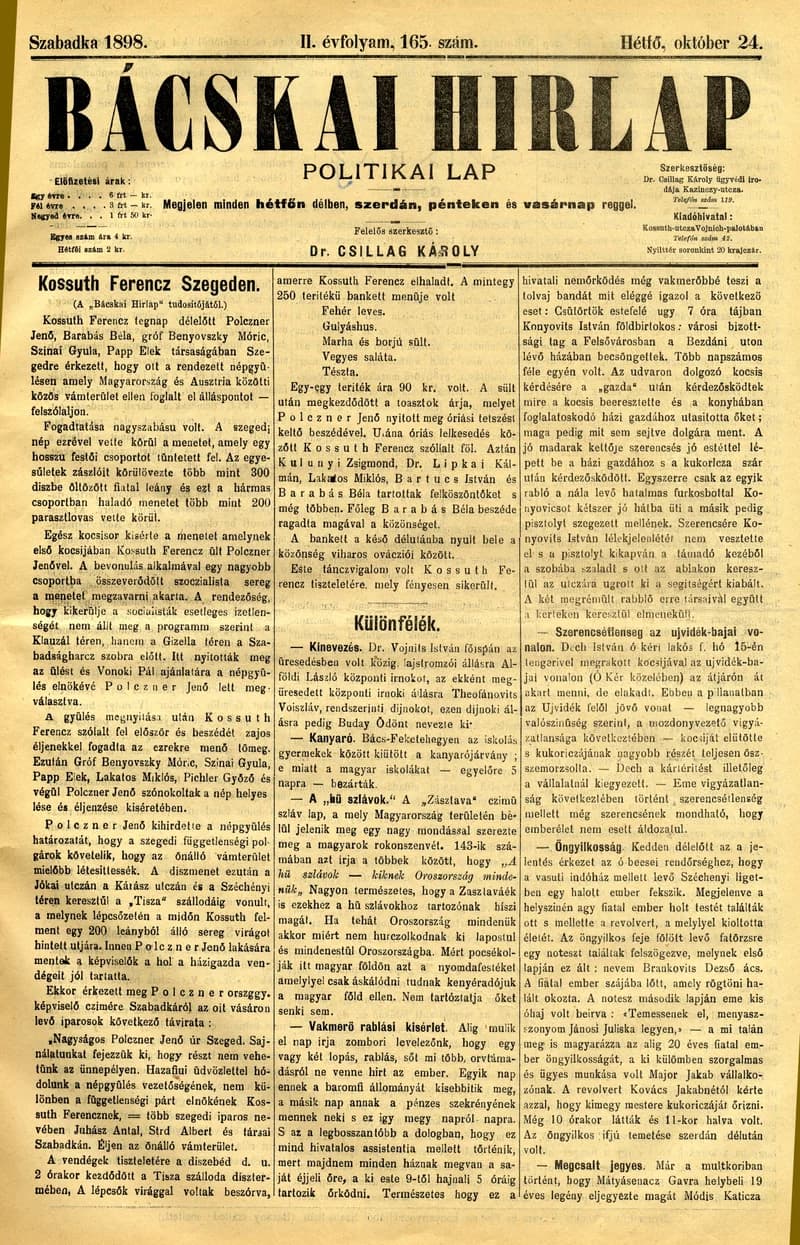 Bácskai Hirlap, 2. évf. 1898. október 24. 165. sz. 1–2. oldal