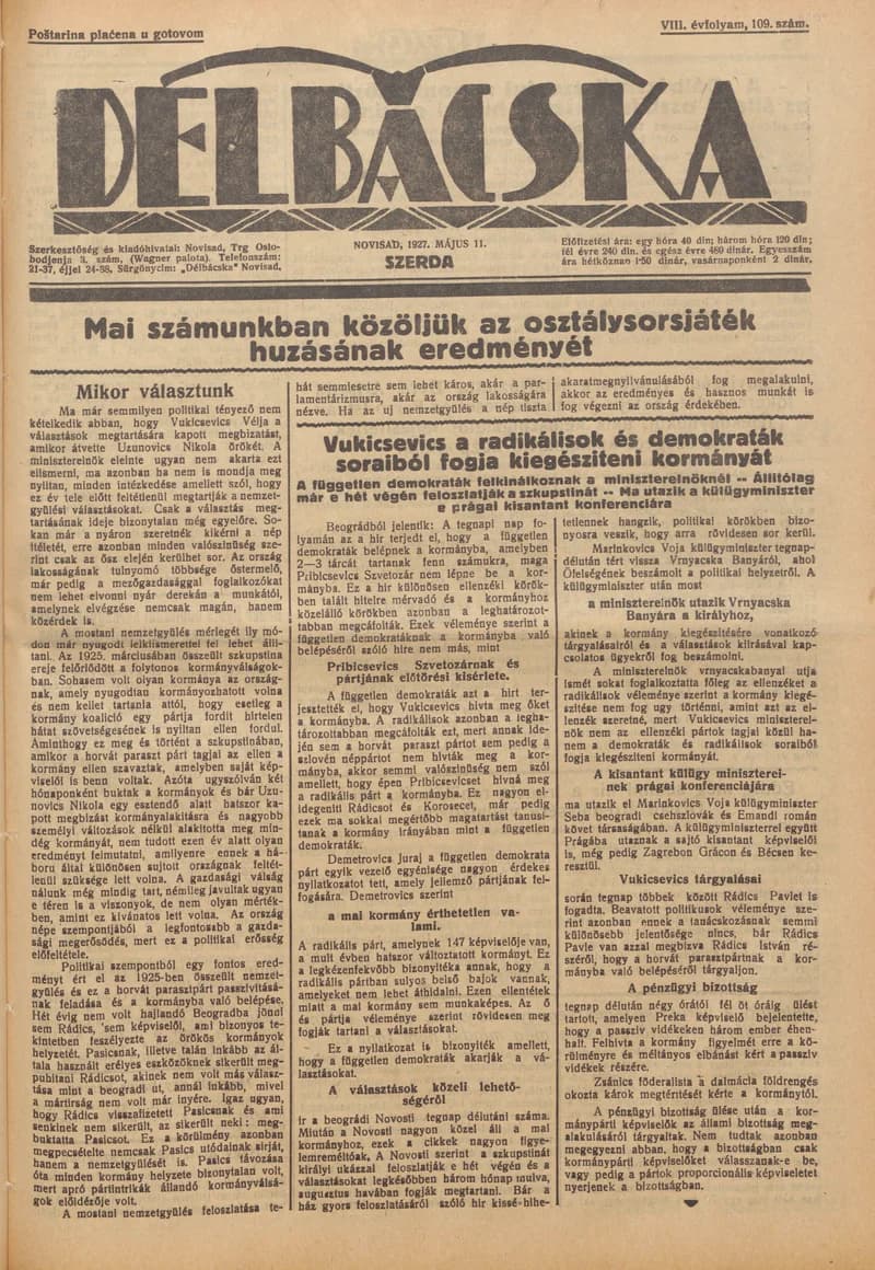 Délbácska, 8. évf. 1927. május 11. 109. sz.
