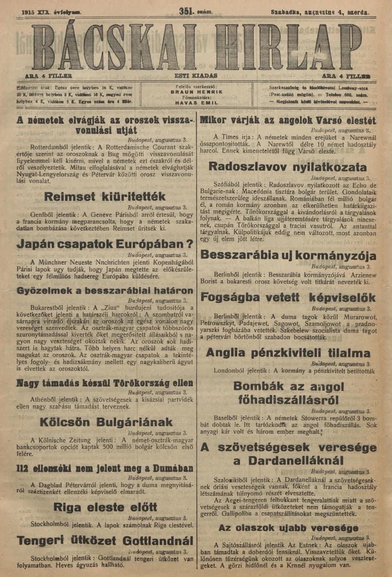 Bácskai Hirlap, 19. évf. 1915. augusztus 4. 351. sz.