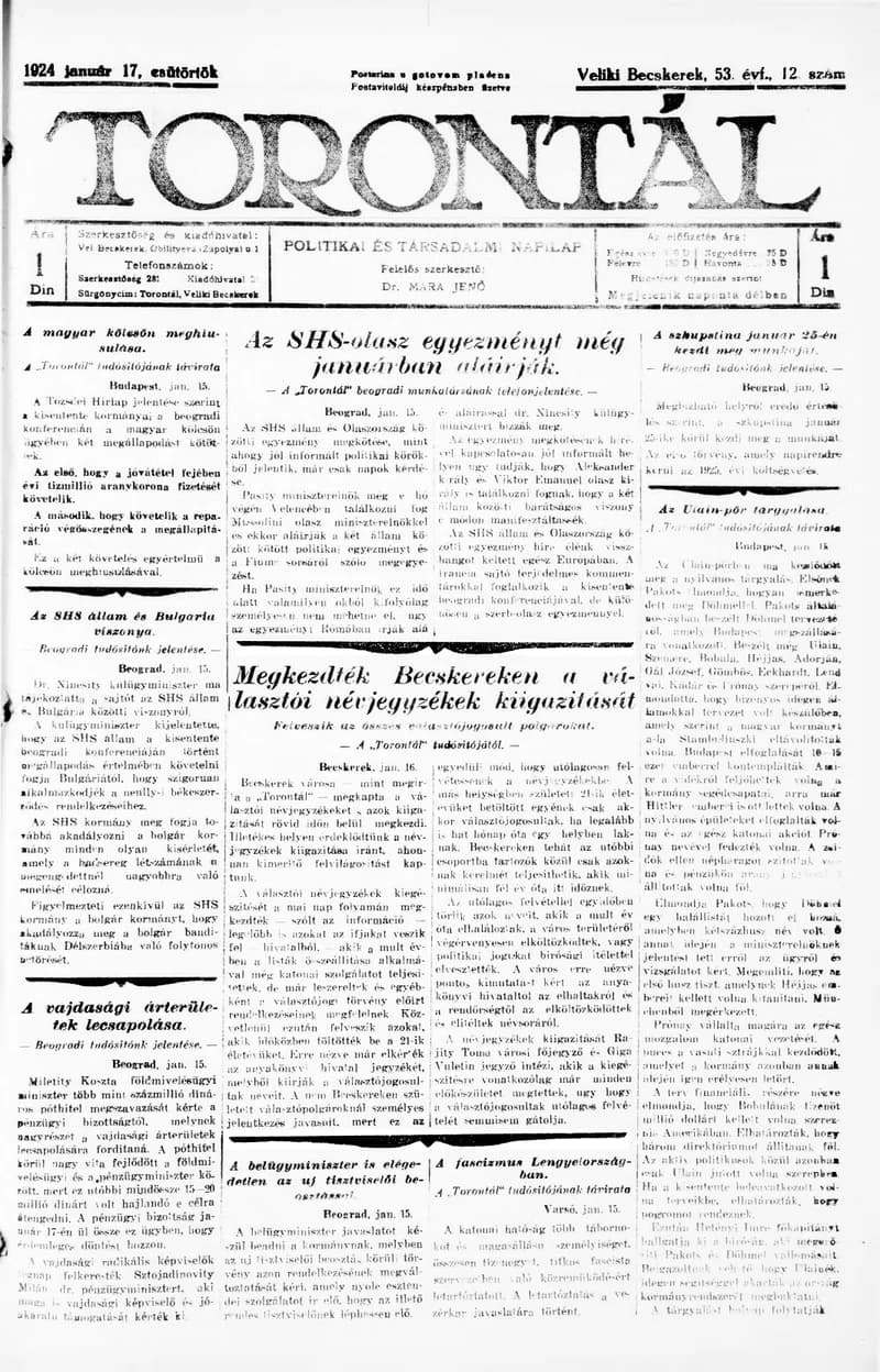 Torontál, 53. évf. 1924. január 17. 12. sz.