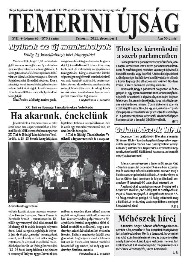 Temerini Újság, 17. évf. 2011. december 1. 48. sz.