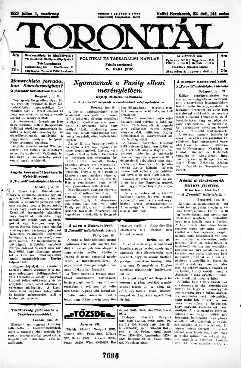 Torontál, 52. évf. 1923. július 1. 144. sz.