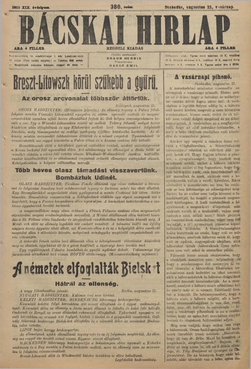 Bácskai Hirlap, 19. évf. 1915. augusztus 22. 380. sz.