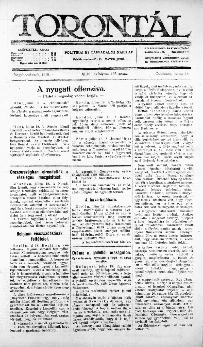 Torontál, 47. évf. 1918. július 18. 162. sz.