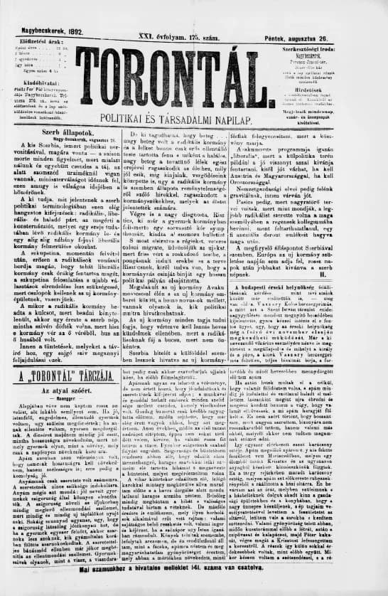 Torontál, 21. évf. 1892. augusztus 26. 175. sz.