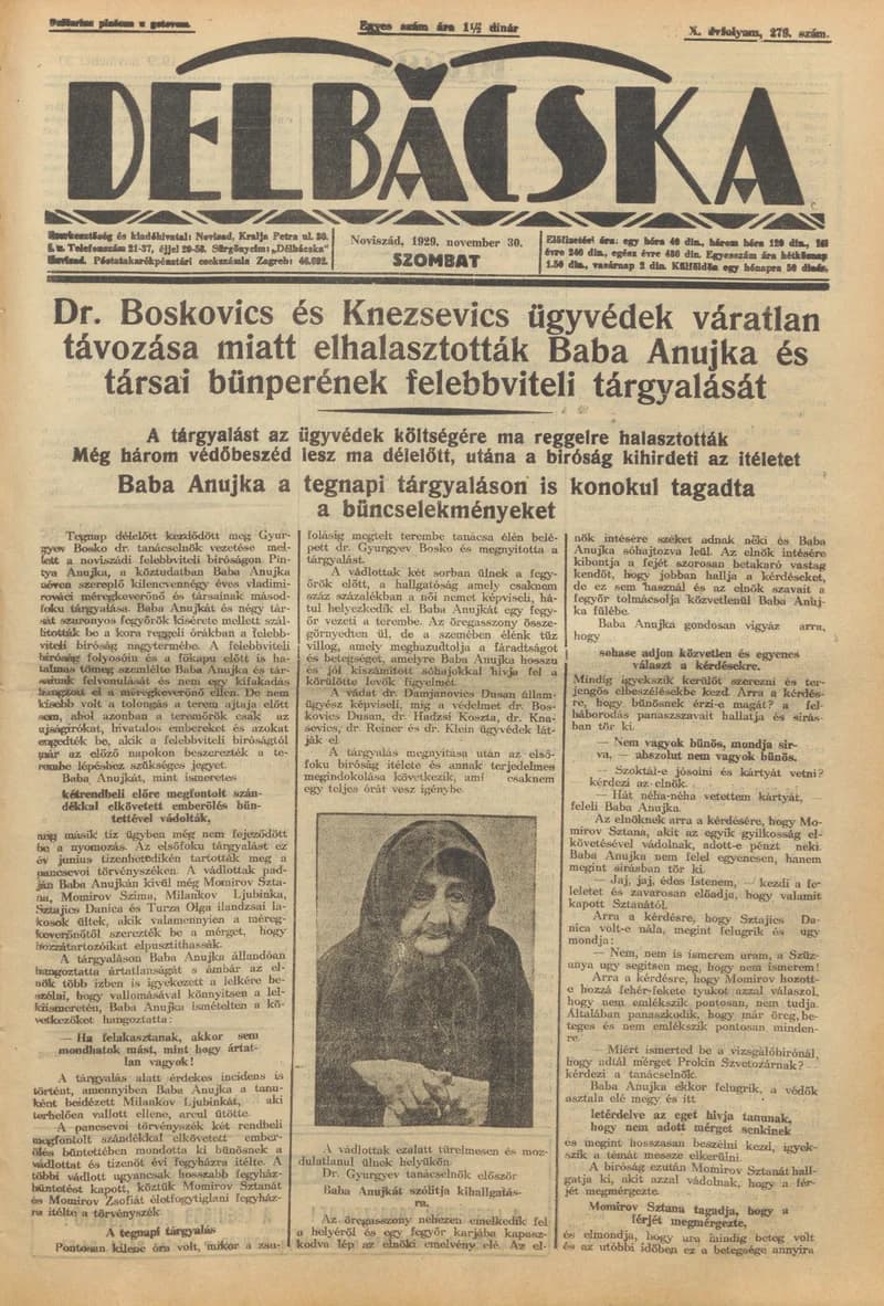 Délbácska, 10. évf. 1929. november 30. 279. sz.