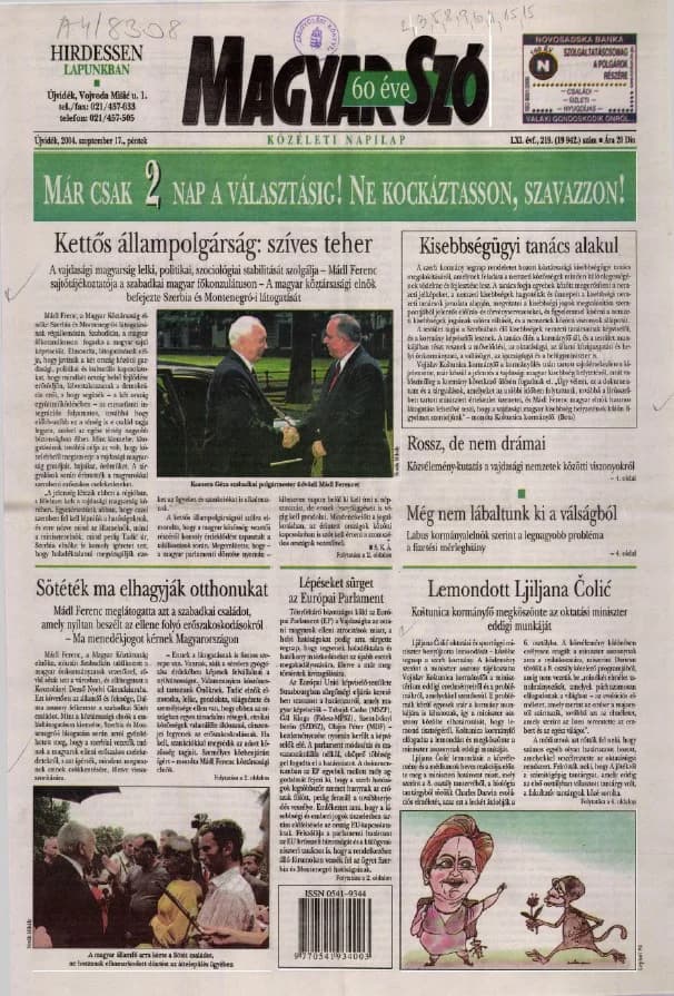 Magyar Szó, 61. évf. 2004. szeptember 17. 219. sz. 1–20. oldal