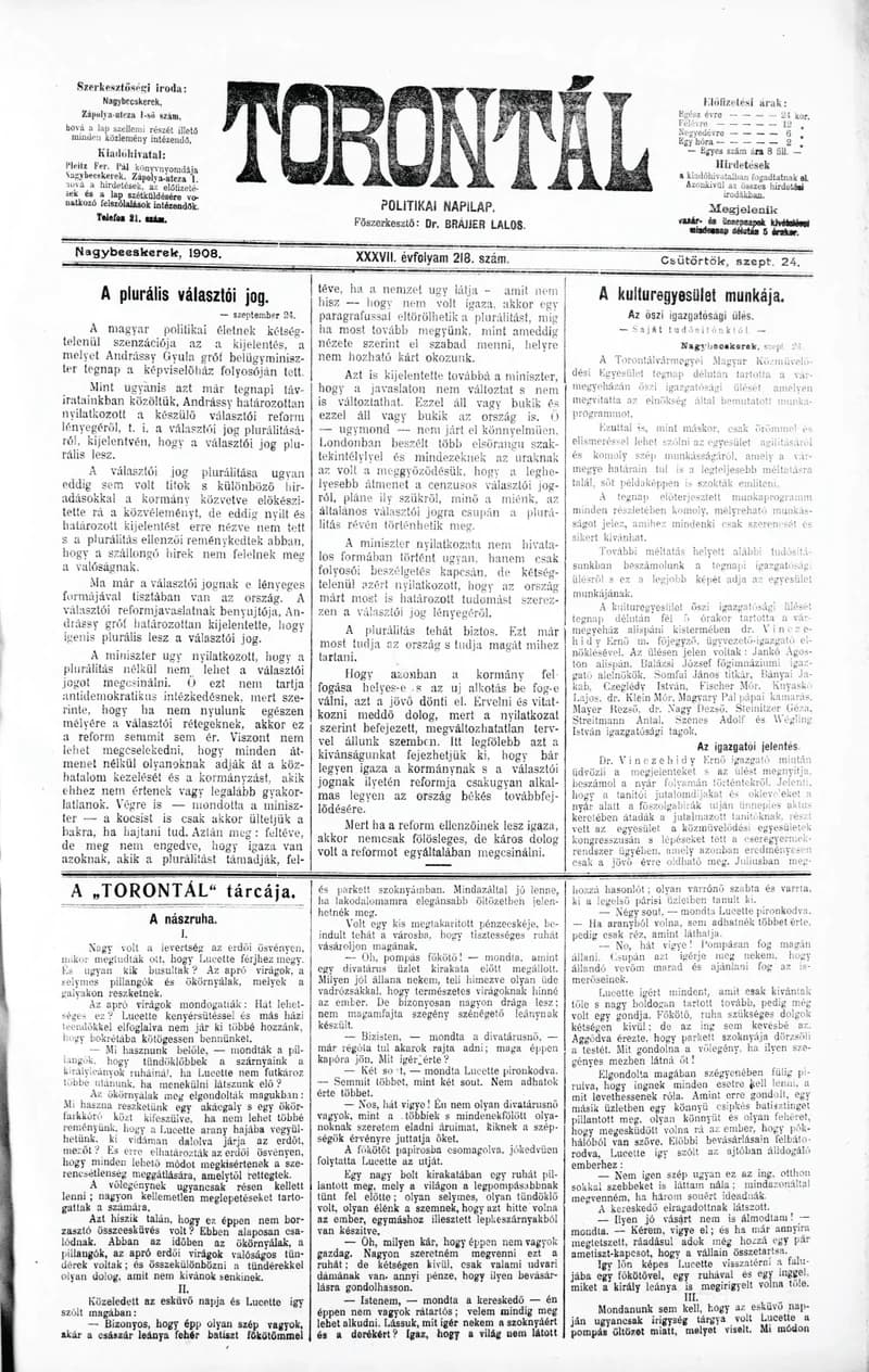 Torontál, 37. évf. 1908. szeptember 24. 218. sz.