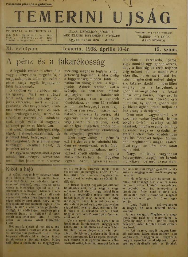 Temerini Újság 1928-1944, 11. évf. 1938. április 10. 15. sz.