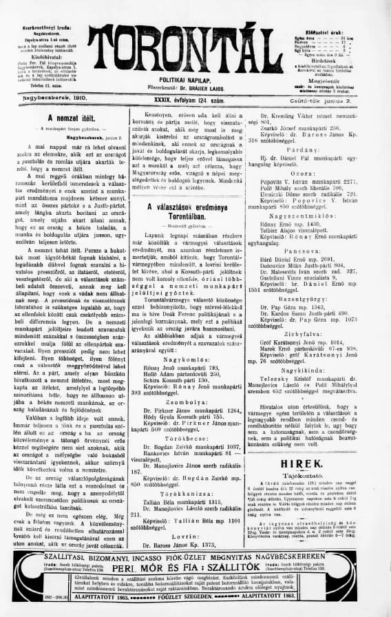 Torontál, 39. évf. 1910. június 2. 124. sz.