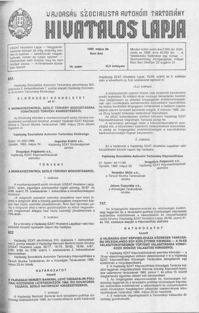 Vajdaság Szocialista Autonóm Tartomány Hivatalos Lapja, 45. évf. 1989. május 24. 14. sz.