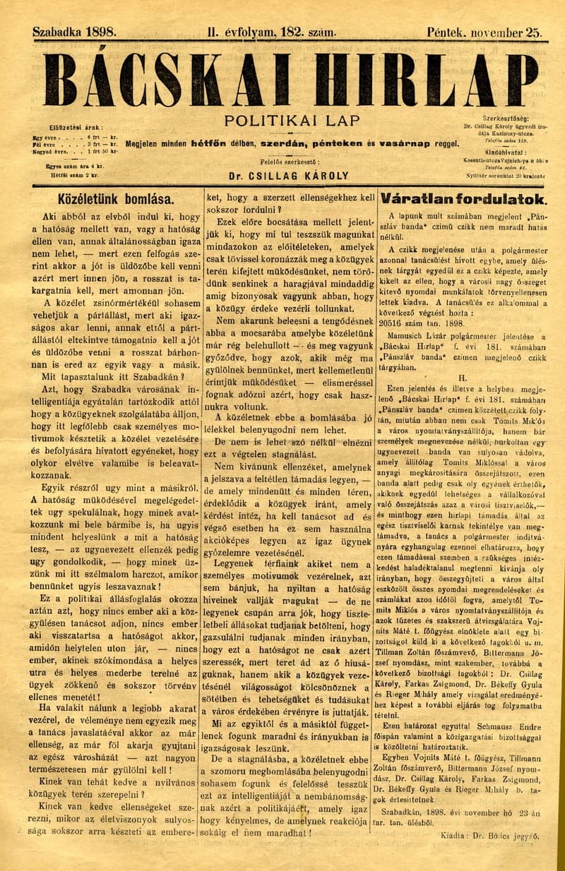 Bácskai Hirlap, 2. évf. 1898. november 25. 182. sz. 1–4. oldal