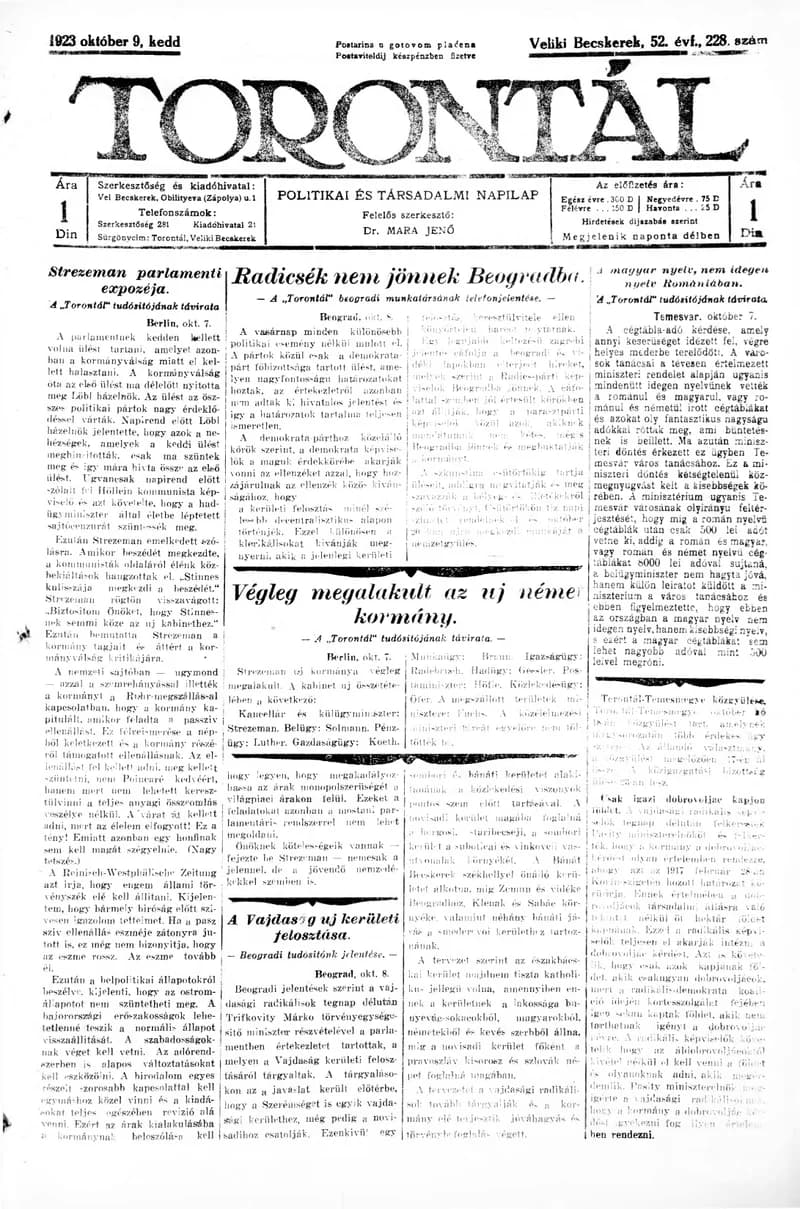 Torontál, 52. évf. 1923. október 9. 228. sz.