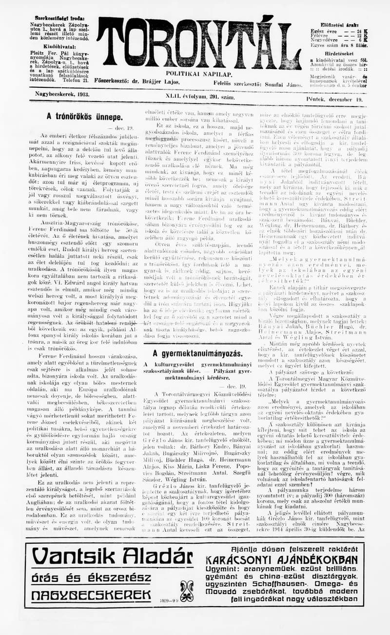 Torontál, 42. évf. 1913. december 19. 291. sz.