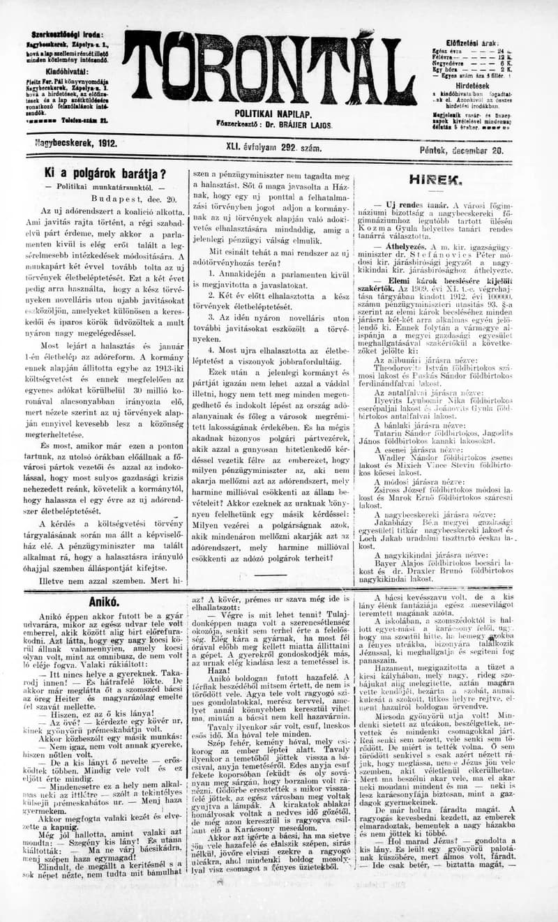 Torontál, 41. évf. 1912. december 20. 292. sz.