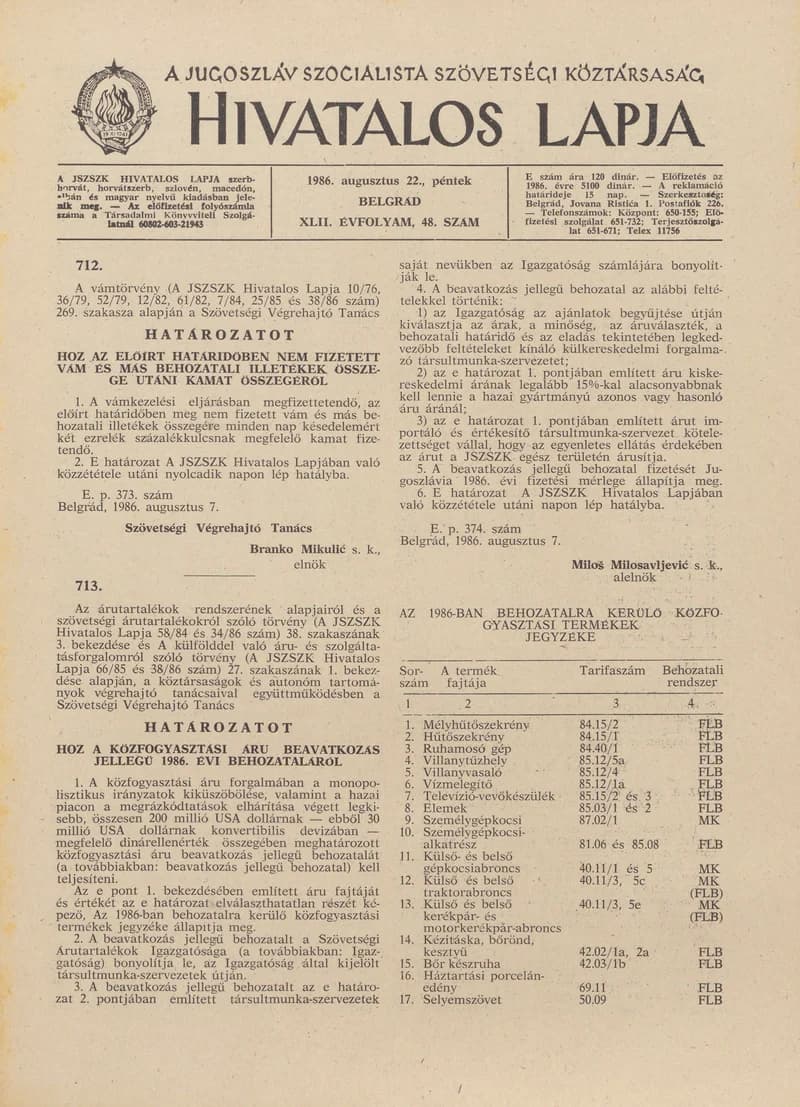 A Jugoszláv Szocialista Szövetségi Köztársaság Hivatalos Lapja, 42. évf. 1986. augusztus 22. 48. sz. 1453–1468. oldal