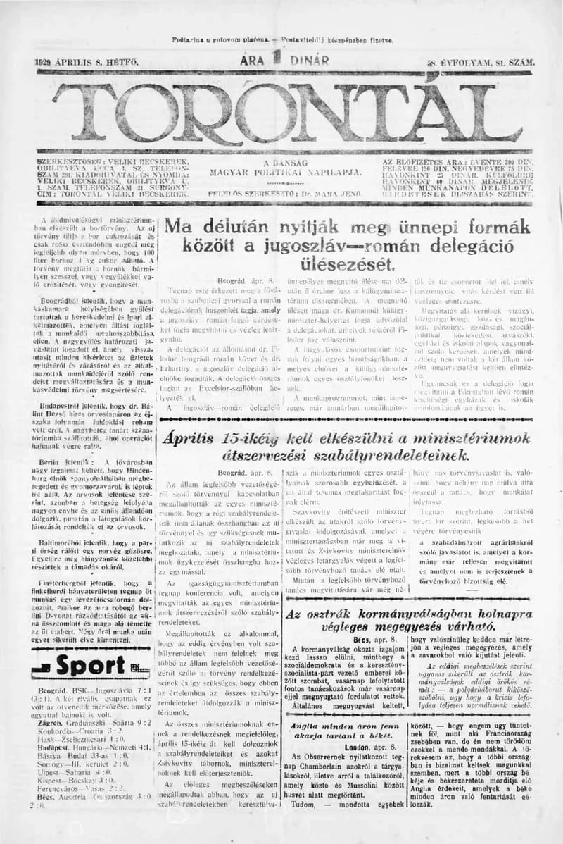 Torontál, 58. évf. 1929. április 8. 81. sz.