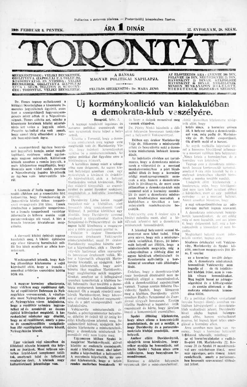 Torontál, 57. évf. 1928. február 3. 28. sz.