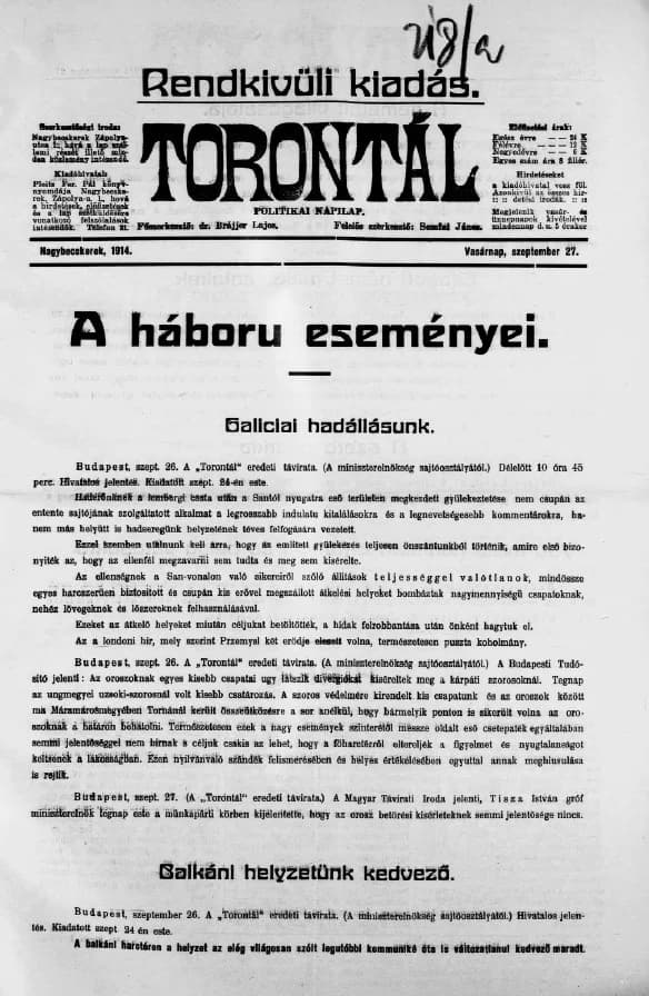 Torontál, 43. évf. 1914. szeptember 27. 218. sz.