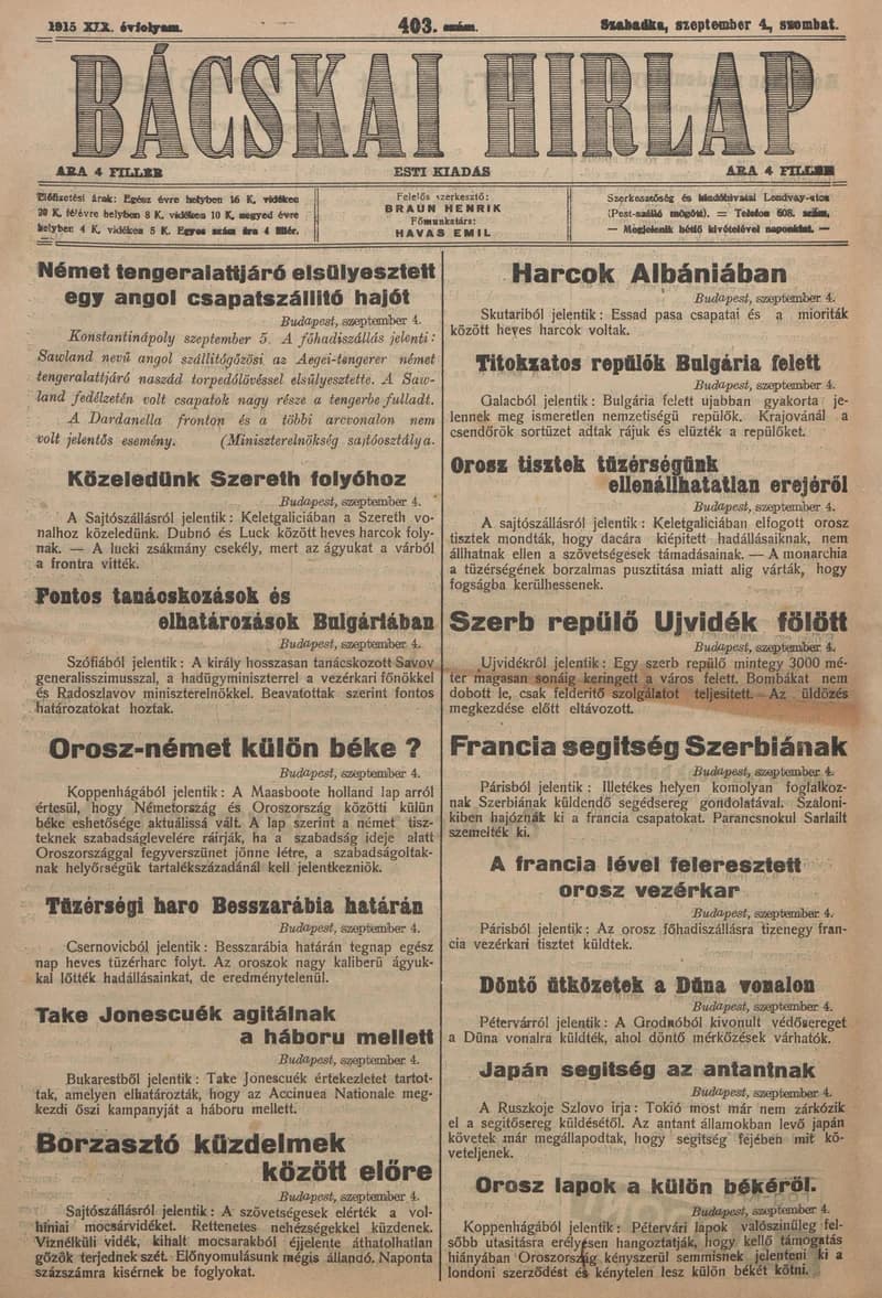 Bácskai Hirlap, 19. évf. 1915. szeptember 4. 403. sz.