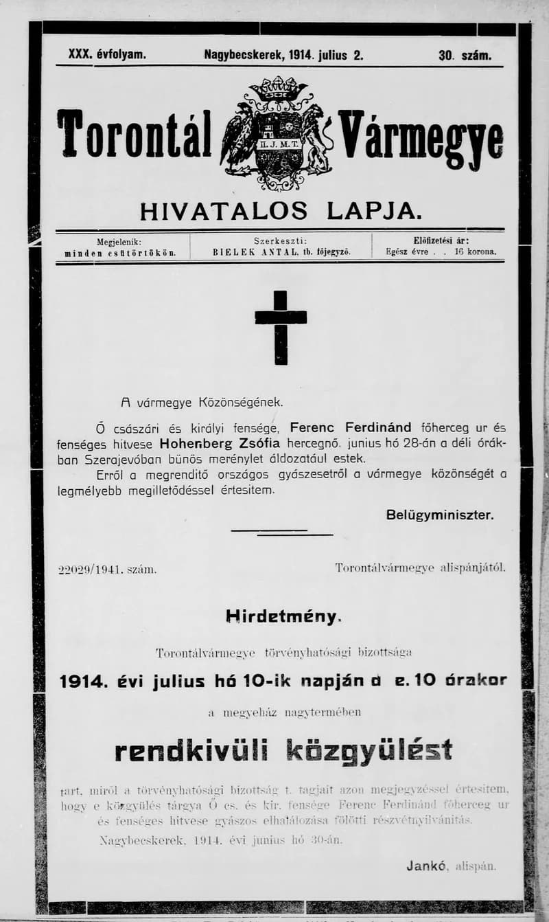 Torontál Vármegye Hivatalos Lapja, 30. évf. 1914. július 2. 30. sz.