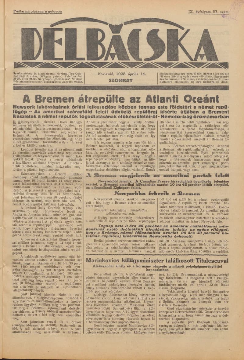 Délbácska, 9. évf. 1928. április 14. 87. sz.