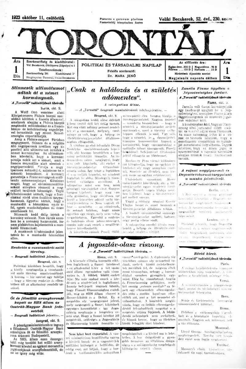 Torontál, 52. évf. 1923. október 11. 230. sz.
