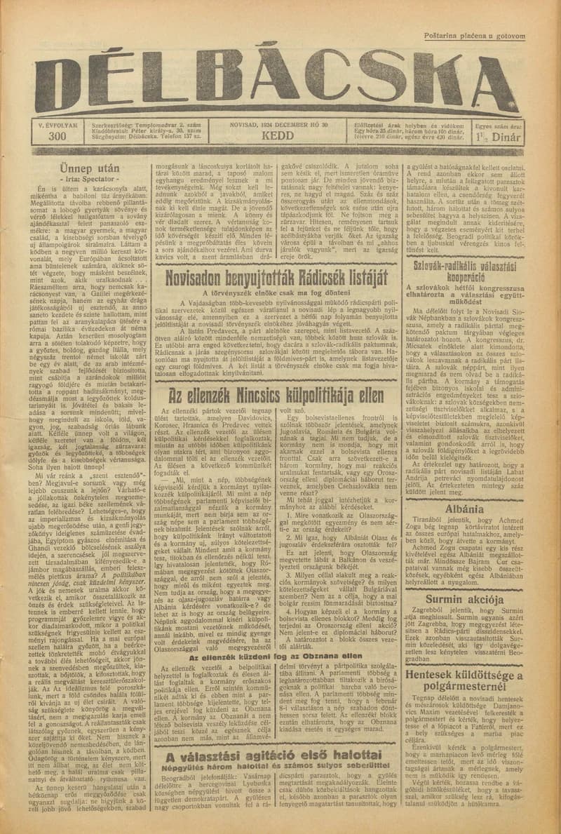 Délbácska, 5. évf. 1924. december 30. 300. sz.