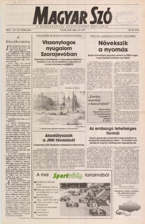 Magyar Szó, 49. évf. 1992. május 18. 134. sz. 1–20. oldal