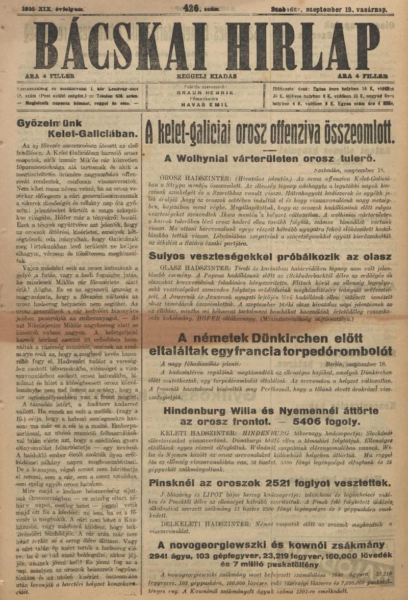 Bácskai Hirlap, 19. évf. 1915. szeptember 19. 426. sz.