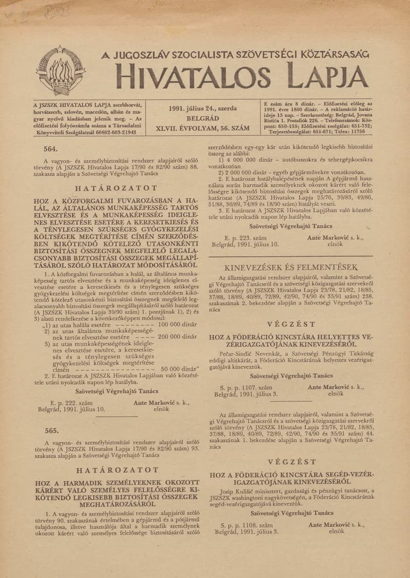 A Jugoszláv Szocialista Szövetségi Köztársaság Hivatalos Lapja, 47. évf. 1991. július 24. 56. sz. 869–872. oldal