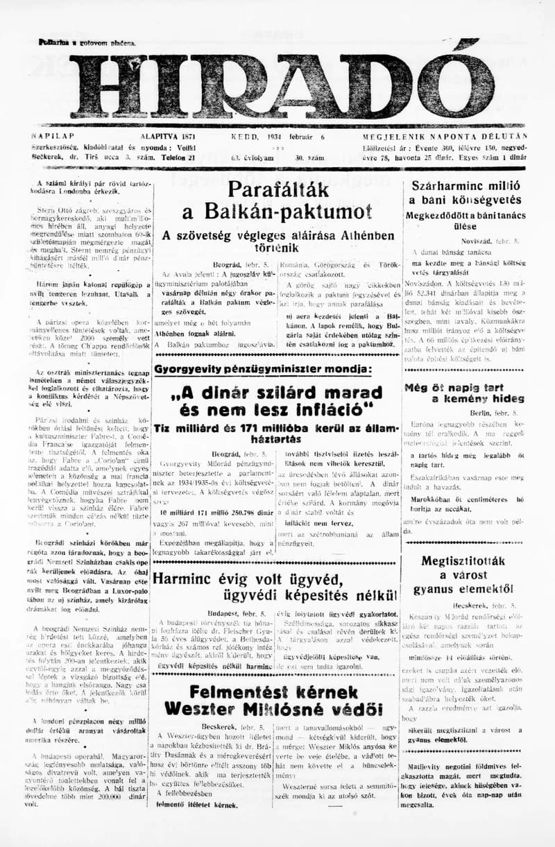 Híradó, 63. évf. 1934. február 6. 30. sz.