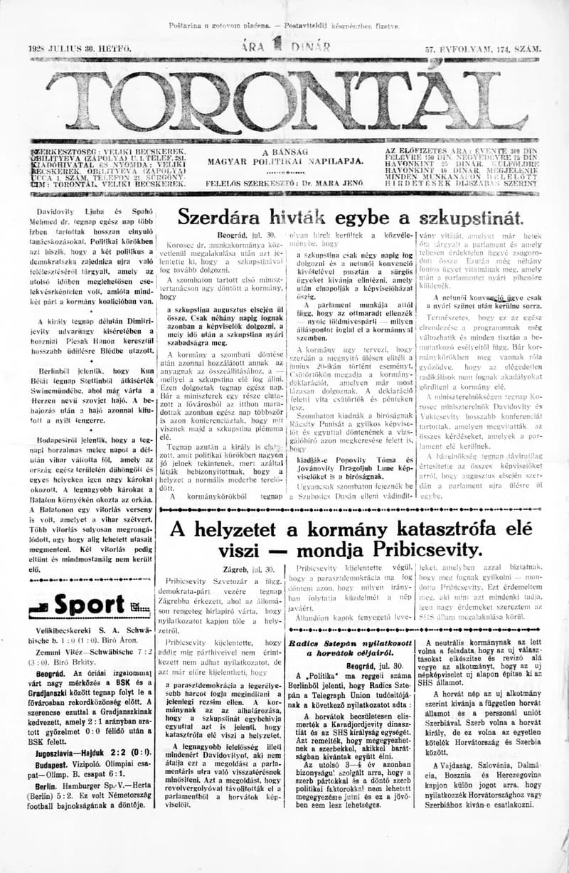 Torontál, 57. évf. 1928. július 30. 174. sz.