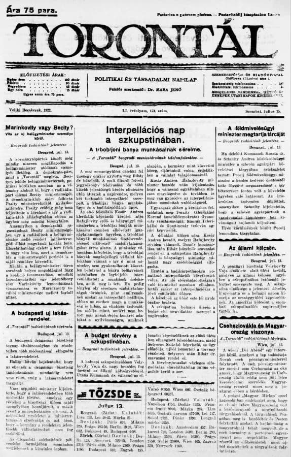 Torontál, 51. évf. 1922. július 15. 153. sz.