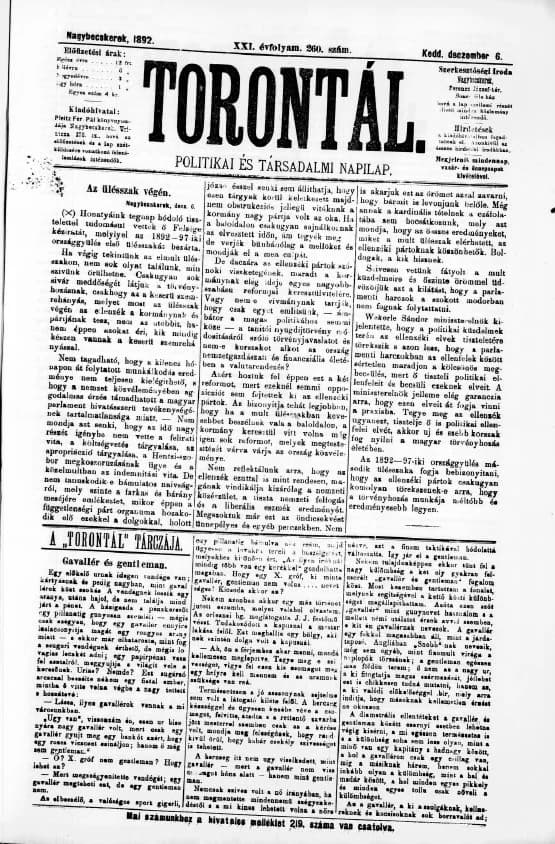 Torontál, 21. évf. 1892. december 6. 260. sz.