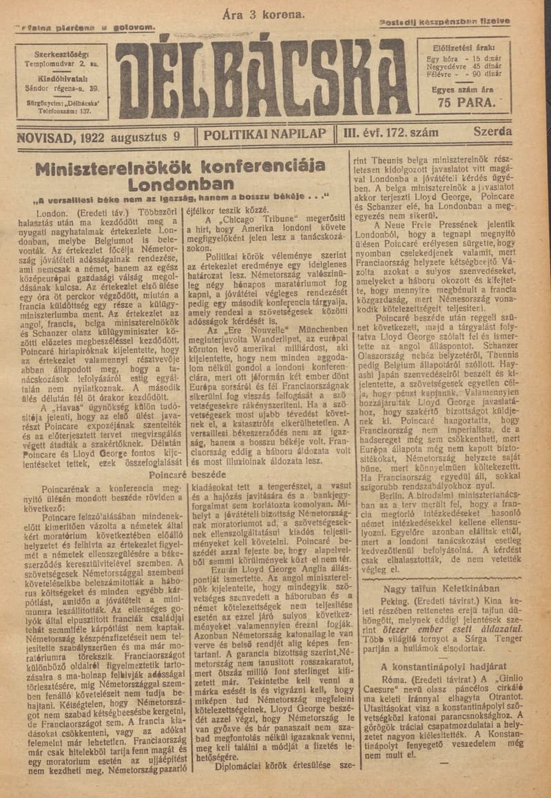 Délbácska, 3. évf. 1922. augusztus 9. 172. sz.