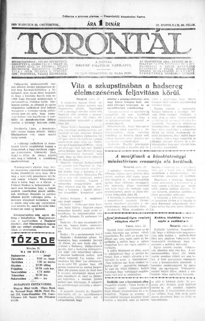 Torontál, 57. évf. 1928. március 22. 69. sz.