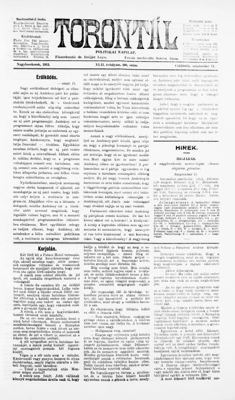 Torontál, 42. évf. 1913. szeptember 11. 208. sz.