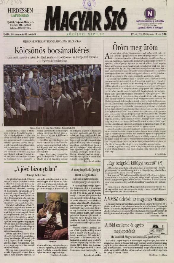 Magyar Szó, 60. évf. 2003. szeptember 11. 215. sz. 1–16. oldal