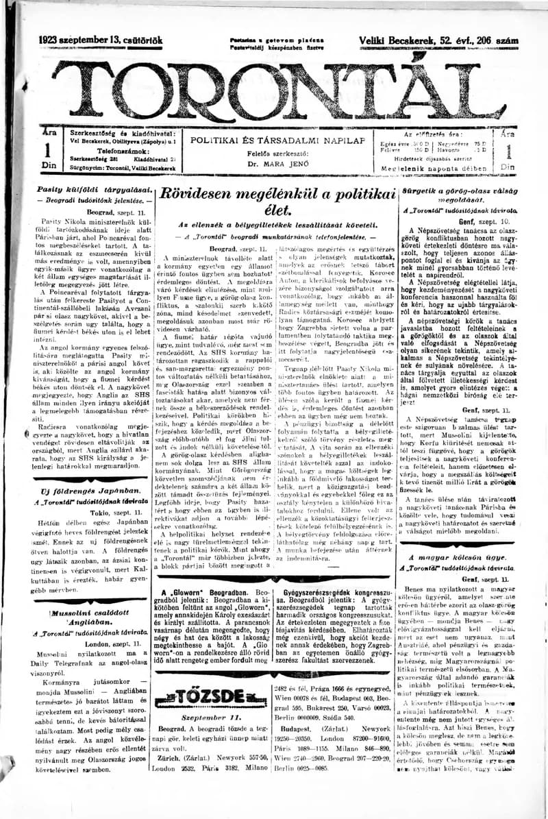 Torontál, 52. évf. 1923. szeptember 13. 206. sz.