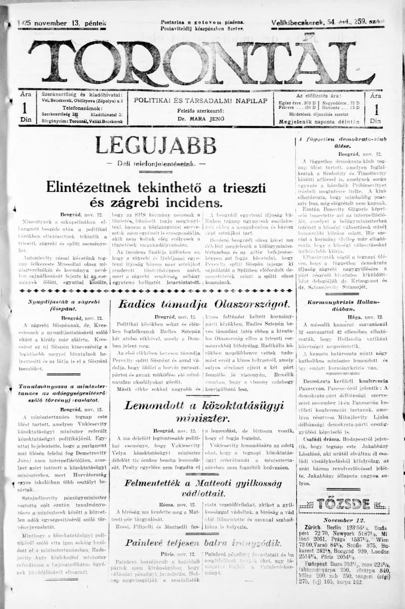 Torontál, 54. évf. 1925. november 13. 259. sz.
