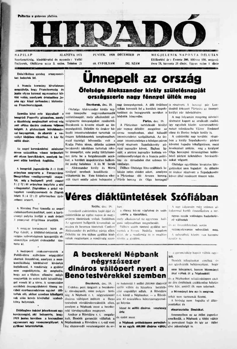 Híradó, 60. évf. 1931. december 19. 292. sz.
