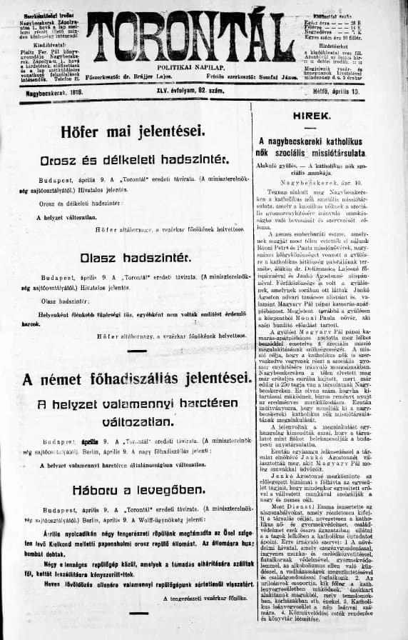Torontál, 45. évf. 1916. április 10. 82. sz.