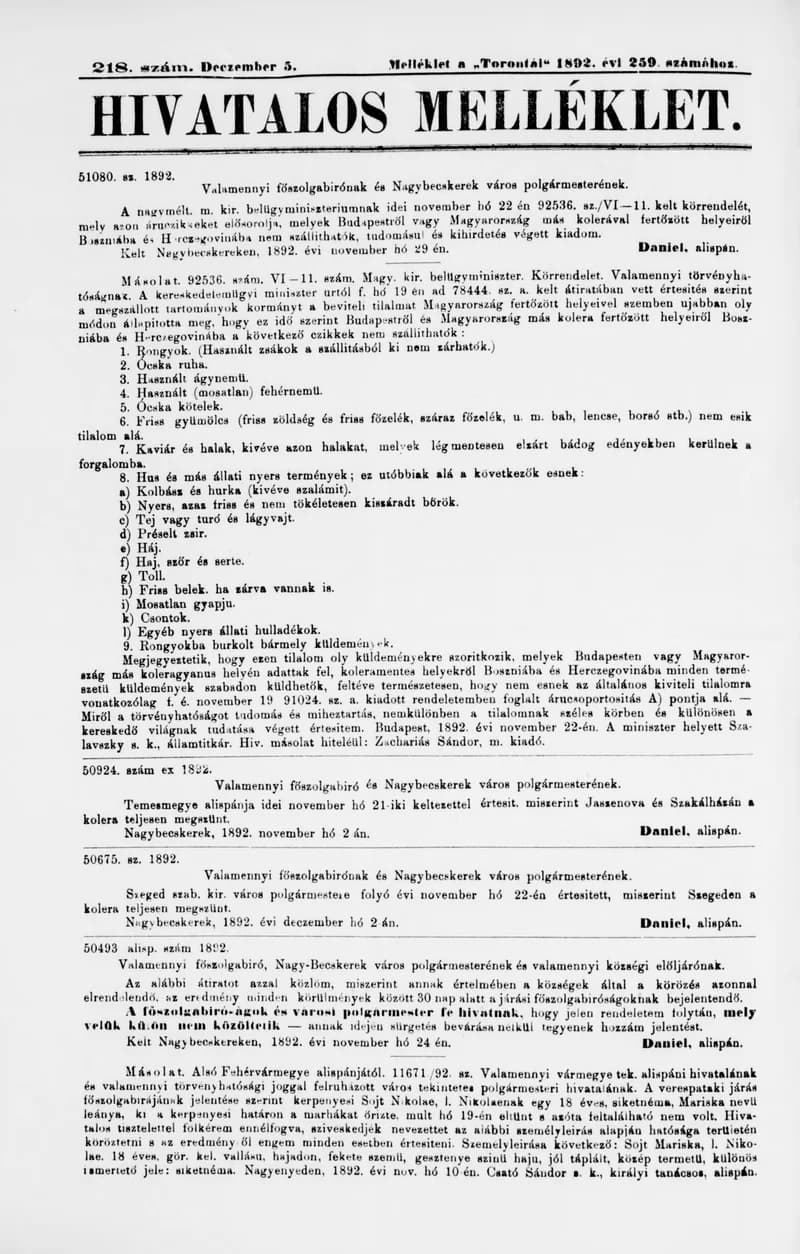 A Totontál  hivatalos melléklete, 5. évf. 1892. december 5. 218. sz.